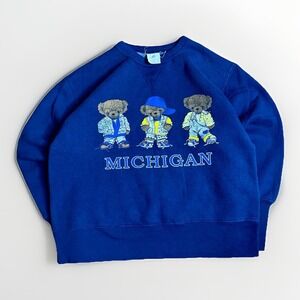 Vintage University Michigan Wolverines Teddy Bear Crewneck Sweatshirt Med Blue